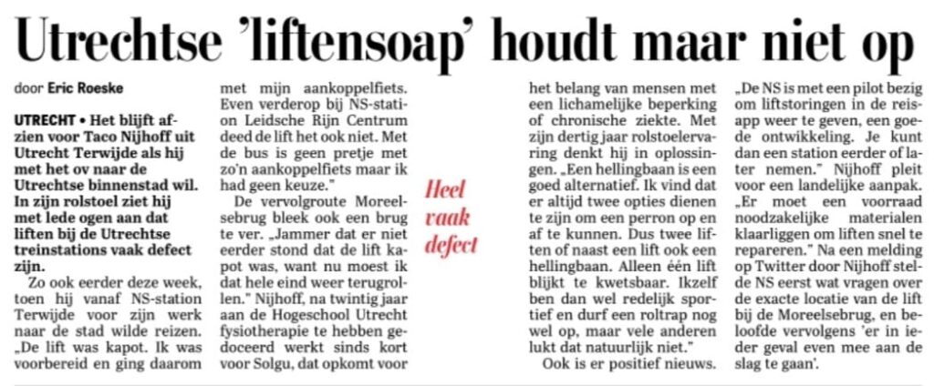artikel Telegraaf liften Utrecht
